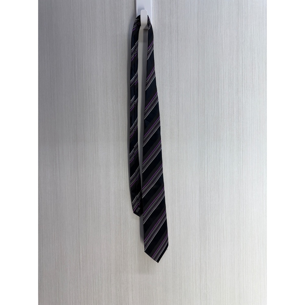 Umo Lorenzo Italy Mens Necktie Black Purple Grey Striped Microfiber Tie